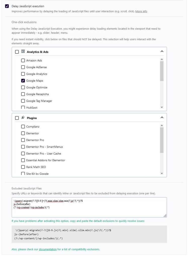 WP Rocket - delay JavaScript exclusion options.